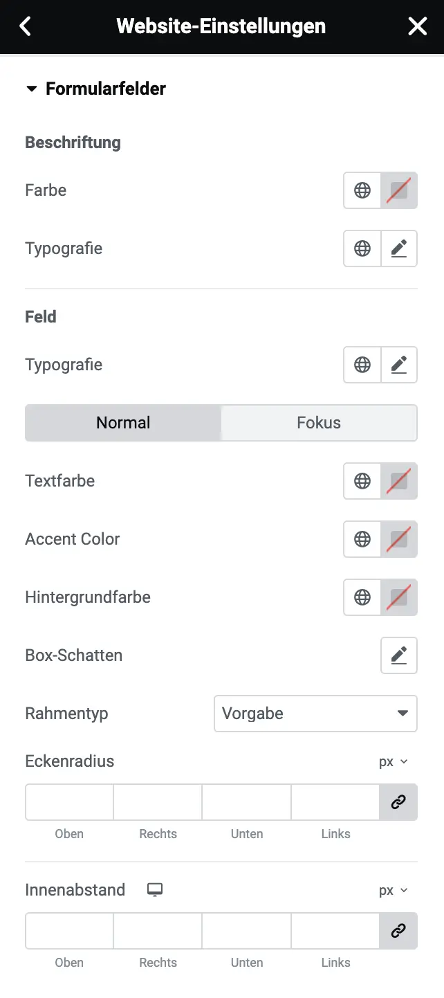 Elementor Einstellungen Formularfelder