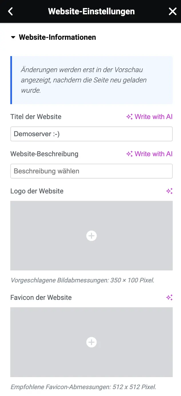 Elemenrtor Einstellungen Website Infoermationen