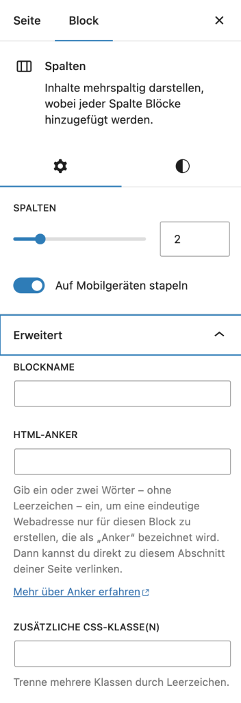 WordPress Spalten Einstellungen