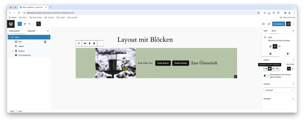 WordPress Zeile anordnung zentriert