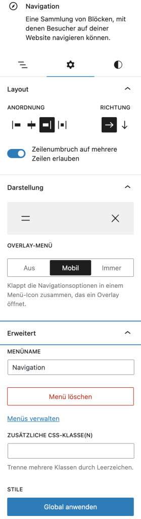 WP Block Navigation Einstellungen