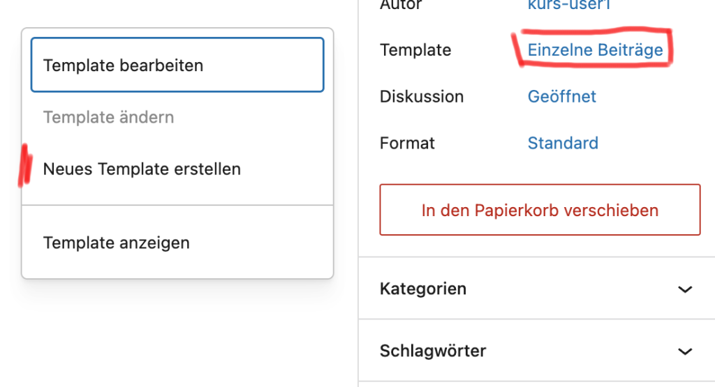 Templateauswahl im Beitrag