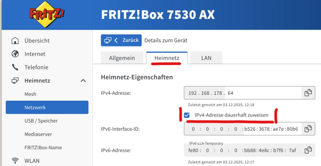 Feste IP Fritz Box