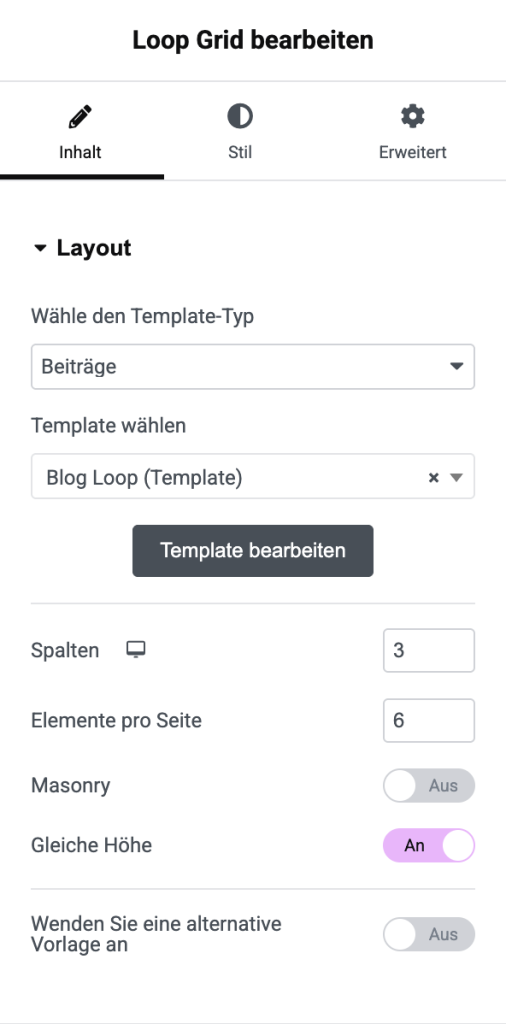 Loppgrid Layouteistellungen