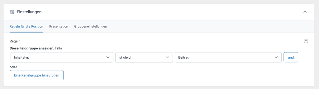 ACF Feldgruppen einer Inhaltsart zuordnen