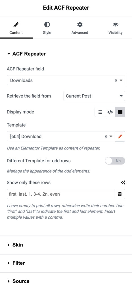 Repeater Widget Optionen